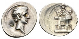 Octavian, 32 – 27 BC Denarius Brundisium and Roma (?) circa 29-27, AR 20.5mm., 3.75g. Bare head r.; behind banker's mark CF Rev. Temple with colonnade...