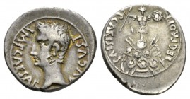 Octavian as Augustus, 27 BC – 14 AD Dnearius Emerita circa 25-23, AR 20mm., 3.91g. IMP CAESAR AVGVST Bare head l. Rev. P CARISIVS LEG PRO PR Trophy on...