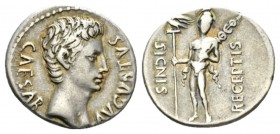 Octavian as Augustus, 27 BC – 14 AD Denarius Colonia Patricia (?) circa 19 BC, AR 19.5mm., 3.82g. CAESAR AVGVSTVS Bare head r. Rev. SIGNIS RECEPTIS Ma...