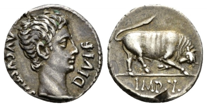 Octavian as Augustus, 27 BC – 14 AD Denarius Lugdunum 15-13 BC, AR 18mm., 3.82g....