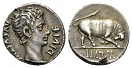 Octavian as Augustus, 27 BC – 14 AD Denarius Lugdunum 15-13 BC, AR 18mm., 3.82g. AVGVSTVS – DIVI F Bare head r. Rev. Bull butting r.; in exergue, IMP ...