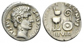 Octavian as Augustus, 27 BC – 14 AD Denarius 13 BC, AR 18mm., 4.09g. CAESAR – AVGVSTVS Bare head r. Rev. C ANTISTIVS REGINVS Sacrificial implements: s...