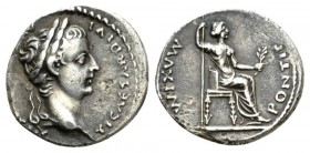 Tiberius, 14-37 Denarius Lugdunum 14-37, AR 18mm., 3.50g. TI CAESAR DIVI – AVG F AVGVSTVS Laureate head r. Rev. PONTIF MAXIM Draped female figure (Liv...