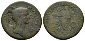 In the name of Antonia, wife of Nero Claudius Drusus Dupondius 42-43, Æ 30mm., 14.56g. Draped bust r., wearing hair in long plait; behind, countermak ...