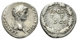 Claudius, 41-54 Tiberius 50-51, AR 18mm., 3.64g. TI CLAVD CA]ESAR AVG P M TR P X P P IMP XVIII Laureate head r. Rev. S P Q R / P P / OB C S in three l...