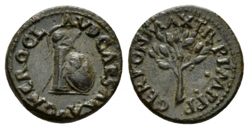 Nero, 54-68 Quadrans 62, Æ 17.5mm., 3.17g. Helmet on a column upon which a shiel...