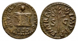 Nero, 54-68 Quadrans 64, Æ 14mm., 1.80g. Owl standing facing, with open wings, on garlanded altar. Rev. Olive branch. C 185. WCN 354. RIC 260.

Good...