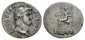 Nero, 54-68 Denarius circa 65-66, AR 18.5mm., 3.43g. NERO CAESAR AVGVSTVS Laureate head r. Rev. Salus, draped, seated l. on ornamented throne, holding...