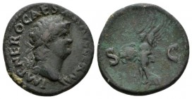 Nero, 54-68 As 66, Æ 26mm., 11.45g. IMP NERO CAESAR AVG GERM Laureate head r. Rev. Victory flying l., holding shield inscribed S P Q R.; in field, S-C...