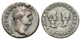 Vespasian, 69-79 Denarius 70, AR 17mm., 3.17g. IMP CAESAR VESPASIANVS AVG Laureate head r. Rev. CAESAR AVG F COS CAESAR AVG F PR Bare heads of Titus a...