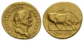 Vespasian, 69-79 Aureus 75, AV 19.5mm., 7.10g. IMP CAESAR VESPASIANVS AVG Laureate head r. Rev. Bull butting r.; in exergue, COS VI. RIC 768. Calicó 6...
