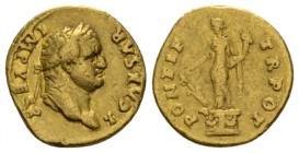Titus caesar, 69 – 79 Aureus 74, AV 19.5mm., 7.15g. T CAESARIMP VESP Laureate head r. Rev. TR POT PONTIF Fortuna standing l. on garlanded base, holdin...