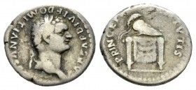 Domitian Caesar, 69-81 Denarius 80-81, AR 18.5mm., 3.44g. Laureate head r. Rev. Crested Corinthian helmet on draped pulvinar. RIC Titus 271. C 399a.
...