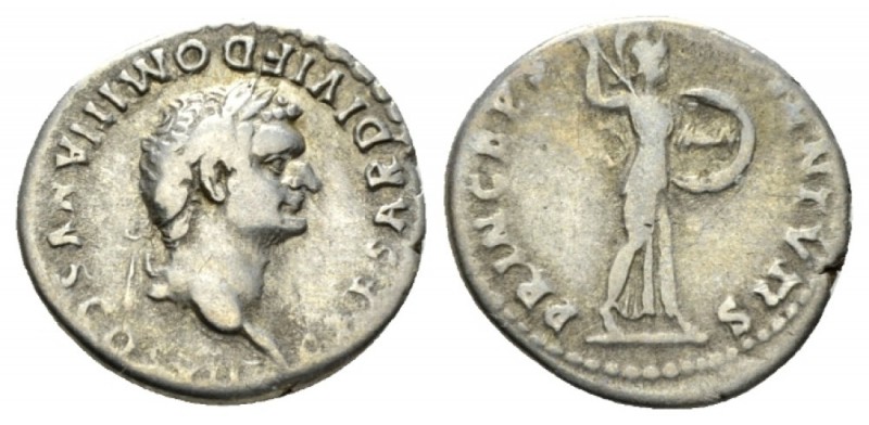 Domitian Caesar, 69-81 Denarius 80-81, AR 18mm., 3.33g. Laureate head r. Rev. Mi...