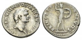 Domitian Caesar, 69-81 Denarius 80-81, AR 18mm., 3.33g. Laureate head r. Rev. Minerva advancing r., brandishing spear and holding shield on arm. RIC T...