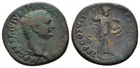 Domitian, 81-96 As 81, Æ 26.5mm., 9.87g. IMP CAES DIVI VESP F DOMITIAN AVG P M Laureate head r. Rev. TR P COS VII DES VIII P P Minerva advancing r., h...