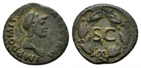 Domitian, 81-96 Quadrans 84-85, Æ 17.5mm., 2.09g. IMP DOMIT AVG GERM Helmeted head of Minerva r. Rev. S C within laurel wreath. C –. BMC 484. RIC 236....