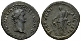 Domitian, 81-96 Dupondius 85, Æ 30mm., 13.25g. IMP CAES DOMITIAN AVG GERM COS XI Radiate head r. Rev. FORTVNAE AVGVSTI Fortuna standing l., holding ru...
