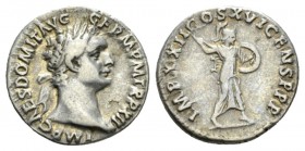 Domitian, 81-96 Denarius 92-93, AR 18.5mm., 3.35g. IMP CAES DOMIT AVG - GERM P M TR P XII Laureate head r. Rev. IMP XXII COS XVI CENS P P P Minerva ad...