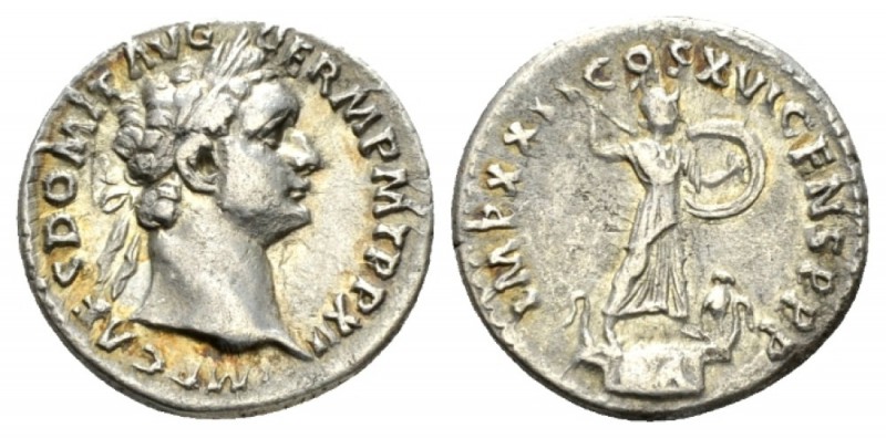 Domitian, 81-96 Denarius 92-93, AR 18.5mm., 3.46g. Laureate head r. Rev. Minerva...