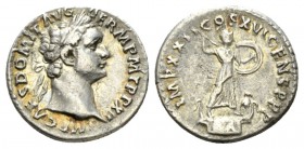 Domitian, 81-96 Denarius 92-93, AR 18.5mm., 3.46g. Laureate head r. Rev. Minerva standing r. on capital of rostral column, brandishing spear and holdi...