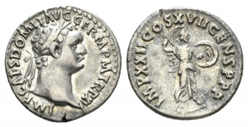 Domitian, 81-96 Denarius 95-96, AR 18.5mm., 3.54g. Laureate head r. Rev. Minerva...