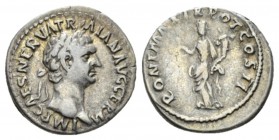 Trajan, 98-117 Denarius 98-99, AR 19mm., 3.05g. IMP CAES NERVA TRAIAN AVG GERM Laureate head r. Rev. Pax standing l., holding olive branch and cornuco...