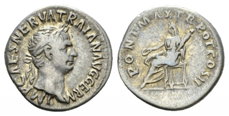 Trajan, 98-117 Denarius 98-99, AR 18.5mm., 3.46g. Laureate head r. Rev. Vesta se...