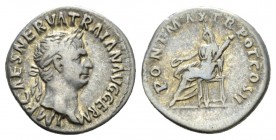 Trajan, 98-117 Denarius 98-99, AR 18.5mm., 3.46g. Laureate head r. Rev. Vesta seated l., holding patera. RIC 20. C 228.

Very Fine.

 

In addit...