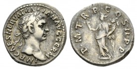 Trajan, 98-117 Denarius 98-99, AR 18mm., 3.43g. Laureate head r. Rev. Pax standing l., holding olive branch and cornucopiae. RIC 6. C 209.

About Ve...