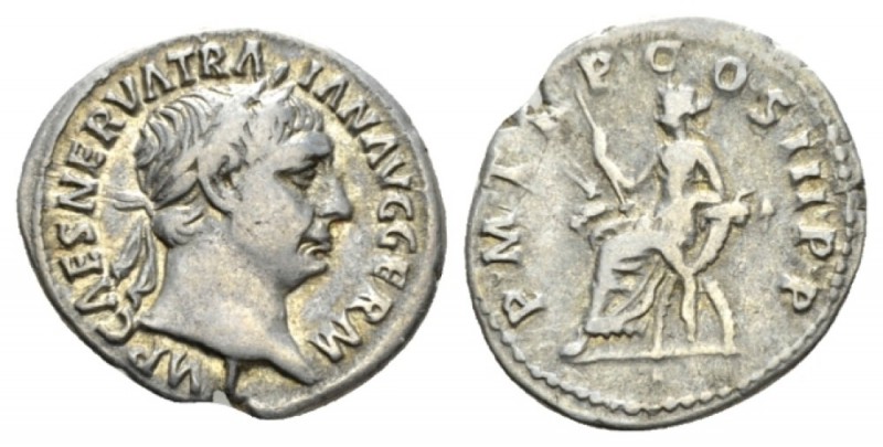 Trajan, 98-117 Denarius 99-100, AR 19.5mm., 3.27g. Laureate head r. Rev. Abundan...