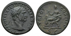 Trajan, 98-117 Dupondius 99-100, Æ 27.5mm., 13.05g. IMP CAES NERVA TRAIAN AVG GER P M Radiate head r. Rev. TR POT COS IIII P P Abundantia holding scep...