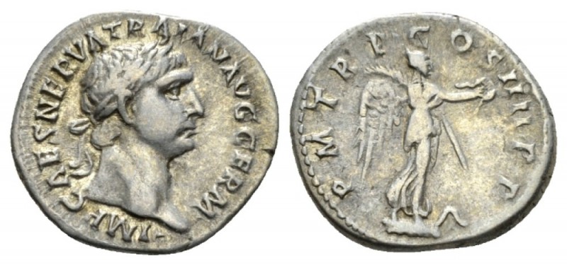 Trajan, 98-117 Denarius 101-102, AR 19.5mm., 3.47g. Laureate head r. Rev. Victor...