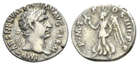 Trajan, 98-117 Denarius 101-102, AR 18.5mm., 3.58g. Laureate head r. Rev. Victory advancing l., holding wreath and palm. RIC 60. C 242.

Very Fine....