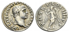 Trajan, 98-117 Denarius 101-102, AR 19.5mm., 3.35g. Laureate bust r., wearing aegis. Rev. Victory standing facing, head l., holding wreath and palm. R...