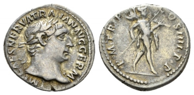 Trajan, 98-117 Denarius 101-102, AR 19.5mm., 3.58g. Laureate head r. Rev. Mars w...