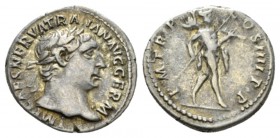 Trajan, 98-117 Denarius 101-102, AR 19.5mm., 3.58g. Laureate head r. Rev. Mars walking r., holding spear and trophy. RIC 52. C 228.

Very Fine.

 ...