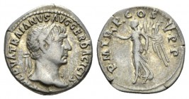 Trajan, 98-117 Denarius 103, AR 18mm., 3.23g. Laureate head r. Rev. Victory advancing l., holding wreath and palm. Ric 81. C 256.

Very Fine.

 
...