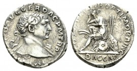 Trajan, 98-117 Denarius 105-107, AR 18mm., 3.14g. Laureate head r. Rev. Dacian seated r. on pile of arms, his hand sbound behind him. RIC 96. C 118.
...