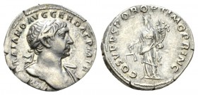 Trajan, 98-117 Denarius 108-109, AR 19mm., 3.30g. IMP TRAIANO AVG GER DAC P M TR P COS V P P Laureate bust right, with slight drapery on far shoulder....