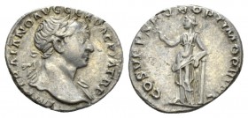 Trajan, 98-117 Denarius 105-107, AR 18.5mm., 3.42g. Laureate head r., drapery on l. shoulder. Rev. Felicitas standing l., holding caduceus and leaning...