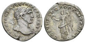 Trajan, 98-117 Denarius 105-107, AR 19mm., 3.20g. Laureate bust r., draped on l. shoulder. Rev. Victory standing l., holding wreath and palm. RIC 128....