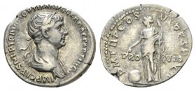 Trajan, 98-117 Denarius 116-117, AR 19mm., 3.40g. IMP CAES NER TRAIAN OPTIM AVG GER DAC PARTHICO Laureate and draped bust r. Rev. P M TR P COS VI P P ...