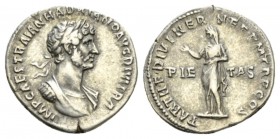 Hadrian, 117-138 Denarius 117, AR 19.5mm., 3.12g. Laureate, draped and cuirassed bust r. Rev. Pietas standing l. raising r. hand; in field, PIETAS. RI...