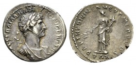Hadrian, 117-138 Denarius 117, AR 20mm., 3.37g. Laureate, draped and cuirassed bust r. Rev. Pax standing l., holding branch and cornucopia. RIC 12. C ...
