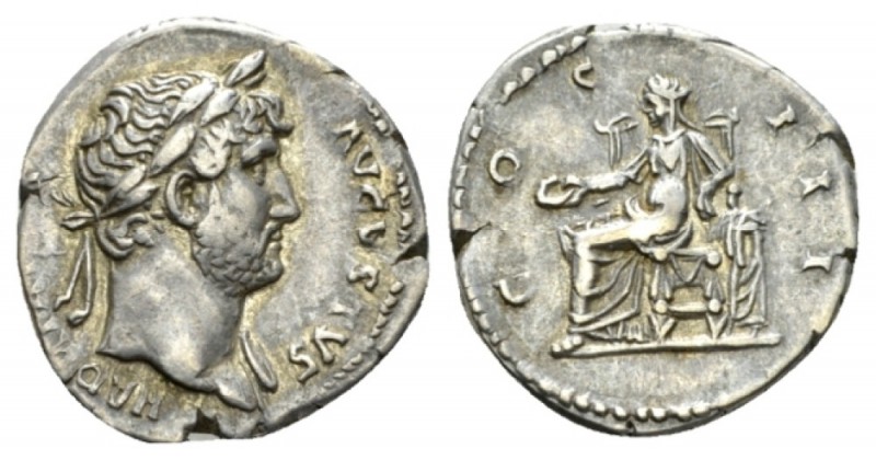 Hadrian, 117-138 Denarius 125-128, AR 18mm., 3.32g. Laureate bust r., drapery on...