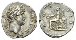 Hadrian, 117-138 Denarius 125-128, AR 18mm., 3.32g. Laureate bust r., drapery on l. shoulder. Rev. Concordia seated l., holding patera; elbow resting ...