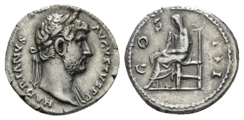 Hadrian, 117-138 Denarius 125-128, AR 18mm., 3.15g. Laureate bust r., drapery on...