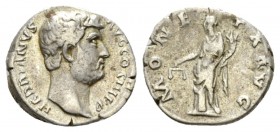 Hadrian, 117-138 Denarius 134-138, AR 17.5mm., 3.20g. Laureate head r. Rev. Moneta standing l., holding scales and cornucopia. RIC 256. C 966.

Abou...