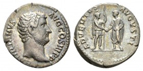 Hadrian, 117-138 Denarius 14-138, AR 17mm., 3.22g. Bare head r. Rev. Roma standing r. holding spear and clasping r. hand with Hadrian standing l. RIC ...